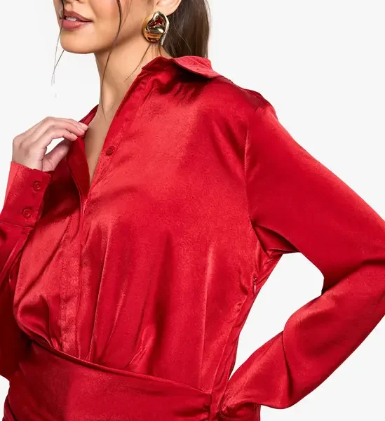 Satin Ruched Shirt Dress