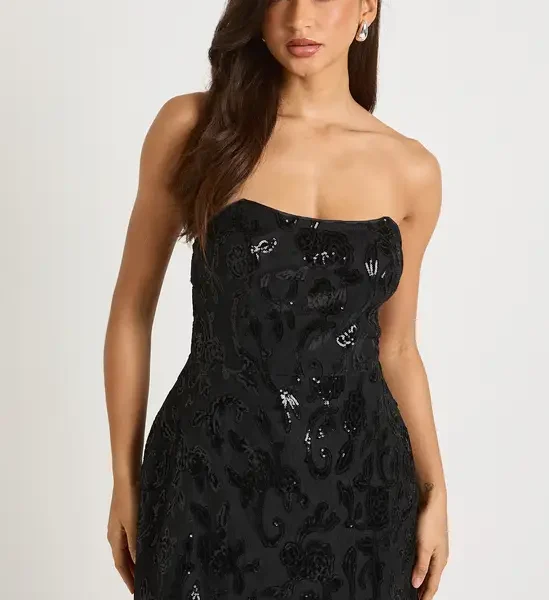 Bandeau Structured Velvet Lace Demask Skater Mini Dress