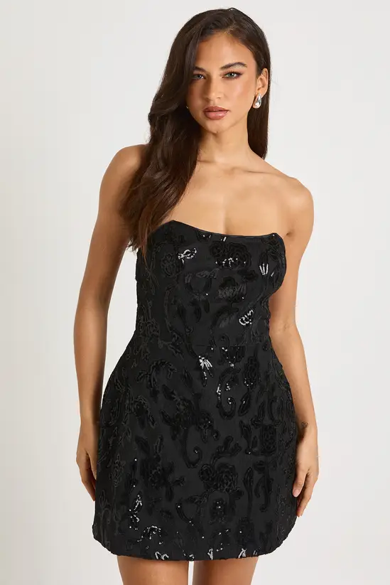 Bandeau Structured Velvet Lace Demask Skater Mini Dress